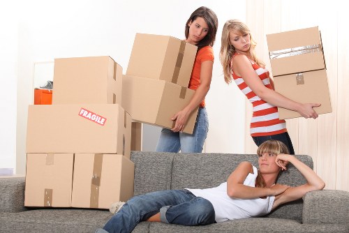 Packed office equipment and files prepared for South Kensington business relocation
